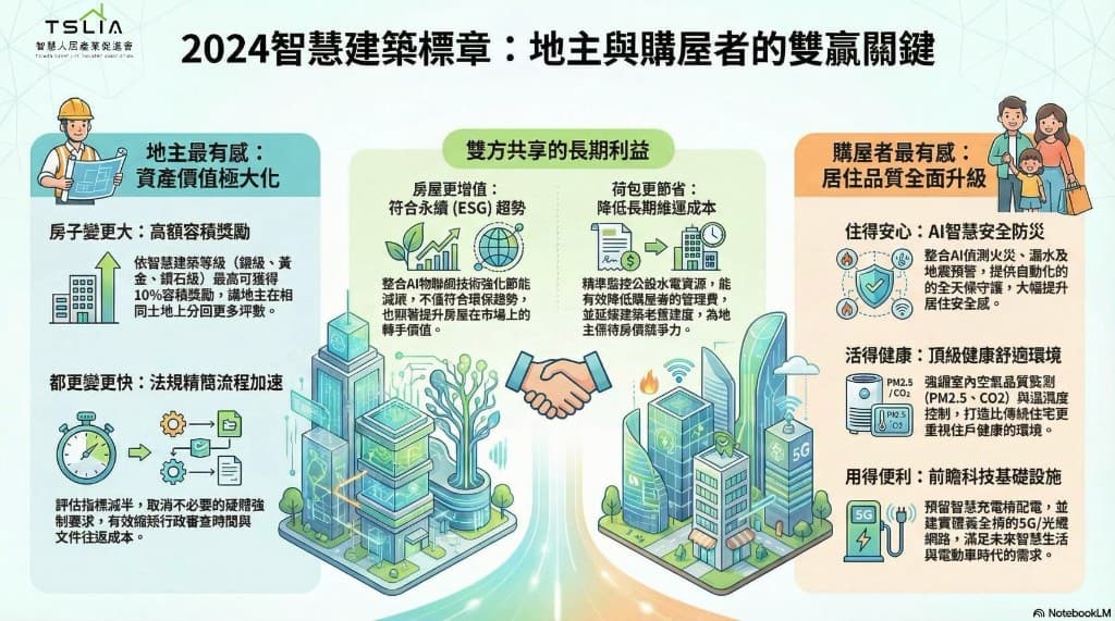 2024 智慧建築標章：地主資產價值、雙方共享利益、購屋者居住品質（簡報圖）